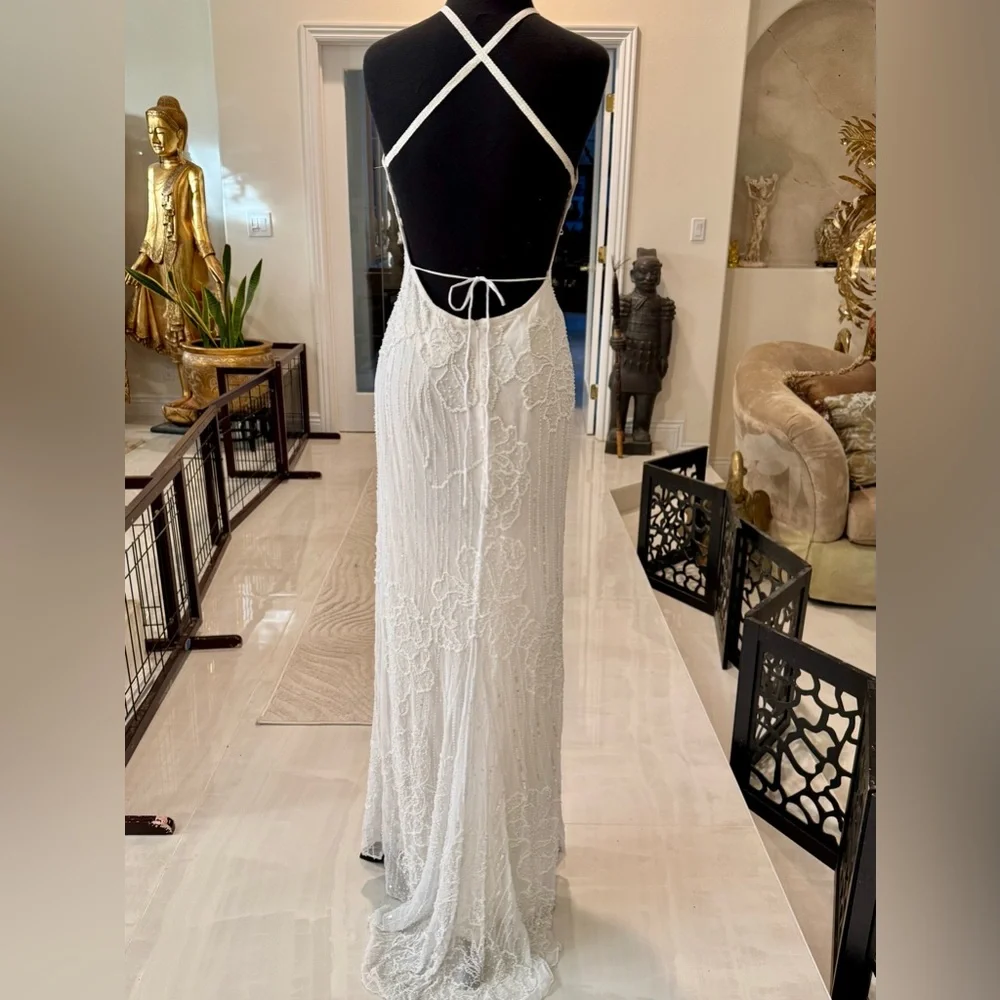 Elegant hand beaded intricate White Halter Dress - Picture 7 of 11